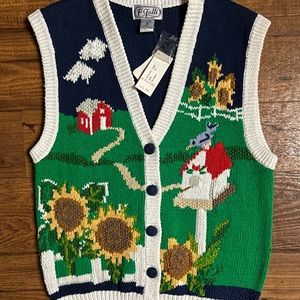 P’ Galli Designs~Blue/Green Medium Vest W/Sunflower & Barn Scene Embroidery (New